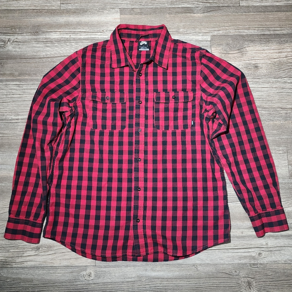 Nike Skateboard Button Shirt Long Sleeve Plaid Red/Black Size Large Men's